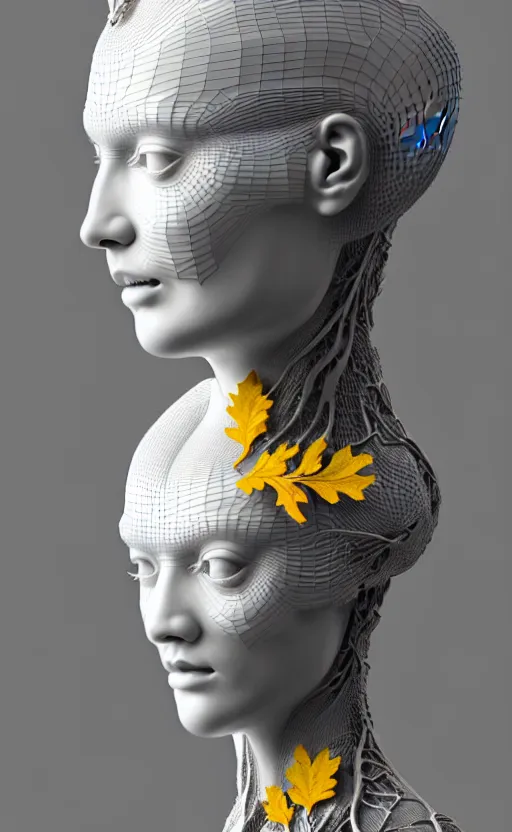 Image similar to complex 3d render ultra detailed of a beautiful porcelain profile woman face, hazel eyes, vegetal dragon cyborg, 150 mm, beautiful natural soft light, rim light, silver black details, magnolia big yellow infrared leaves and stems, roots, fine lace, maze like, mandelbot fractal, anatomical, facial muscles, cable wires, microchip, elegant, white metallic armor, octane render, black and white, H.R. Giger style