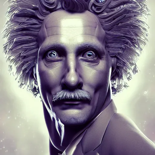 Image similar to masterpiece portrait ethereal biomechanical einstein with incredible technological hair, crystal incrustations, hyper - detailed face, elegant posed, intricate, octane render, cinematic lighting, cgsociety, unreal engine,