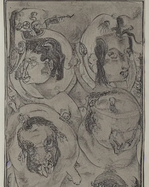Image similar to zmei gorynich with four heads. one human head, second eagle head, third lion head, fourth ox head. drawn