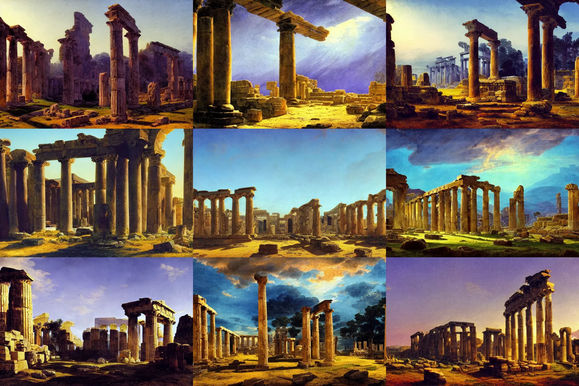 Prompt: closeup, inside ancient greek ruins, digital painting, concept art, colourful,, blue and purple tones, golden hour, volumetric lighting, caspar david friedrich