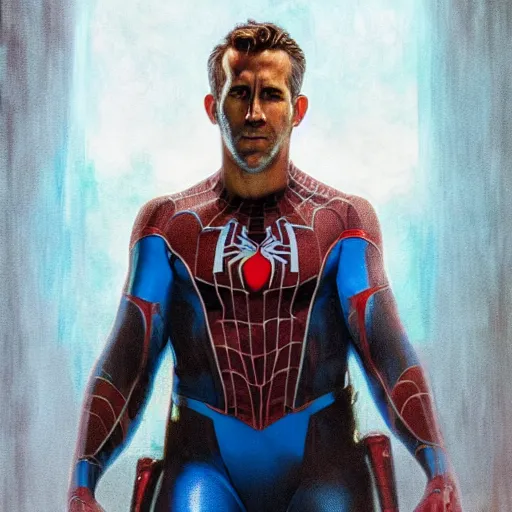 Image similar to ryan reynolds as a black and blue suit spider - man, cinematic, volumetric lighting, f 8 aperture, cinematic eastman 5 3 8 4 film, photorealistic by greg rutkowski, by stanley artgerm, by alphonse mucha