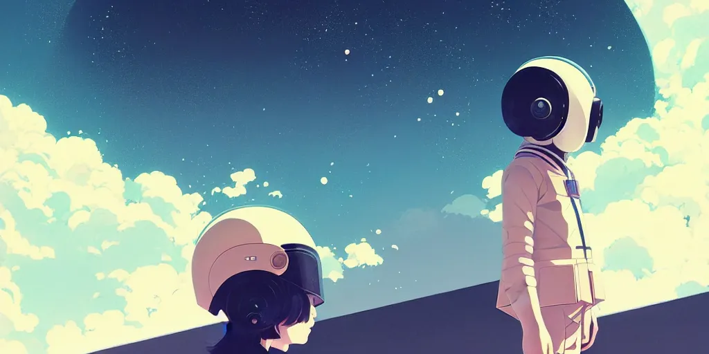 Image similar to portrait of a girl with astronaut helmets by ilya kuvshinov, cloudy sky background lush landscape ln illustration concept art anime key visual trending pixiv by victo ngai fanbox by greg rutkowski makoto shinkai takashi takeuchi studio ghibli