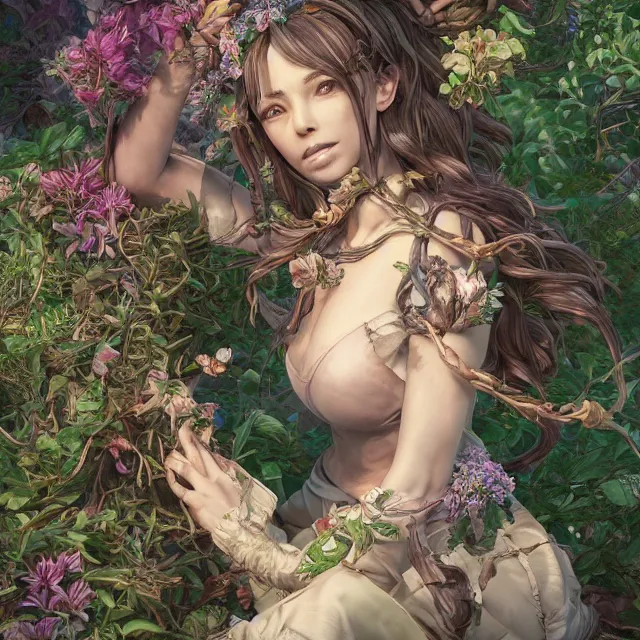 Image similar to the portrait of chaotic good female druid botanist as absurdly beautiful, gorgeous, elegant, young gravure idol, an ultrafine hyperdetailed illustration by kim jung gi, irakli nadar, intricate linework, sharp focus, bright colors, octopath traveler, final fantasy, unreal engine 5 highly rendered, global illumination, radiant light, detailed and intricate environment