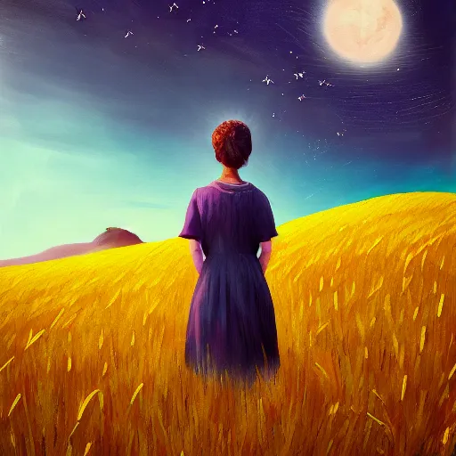 Image similar to giant daisy flower as a head, girl walking in wheat field, hills, surreal photography, moon light, dark night, star trails, dramatic light, impressionist painting, clouds, digital painting, artstation, simon stalenhag