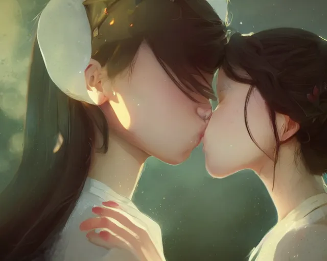 Image similar to two girls kissing and hugging, sharp details, sharp focus, elegant, highly detailed, illustration, by jordan grimmer and greg rutkowski and pine ( ハイネ ) and 薯 子 imoko and 香 川 悠 作 and wlop and maya takamura, intricate, beautiful, trending artstation, pixiv, digital art