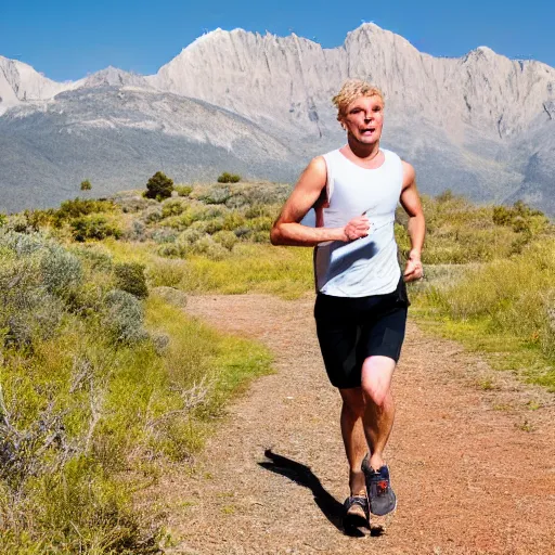 Image similar to tall photo of a white blond male running alone on a dirt trail with mountains in the background