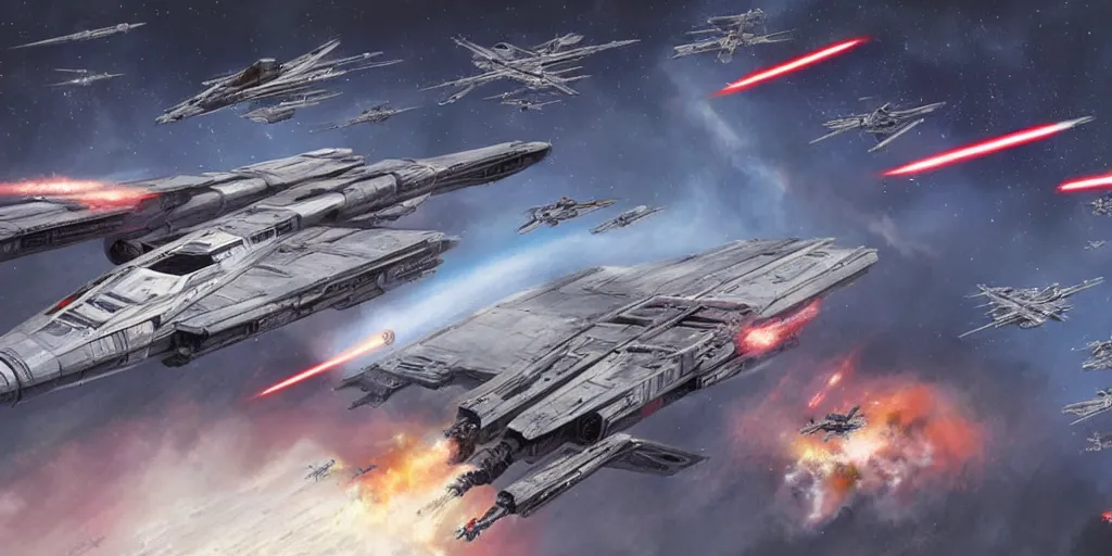 Prompt: Star Wars concept art of the an X-wing battle in space by Ryan Church