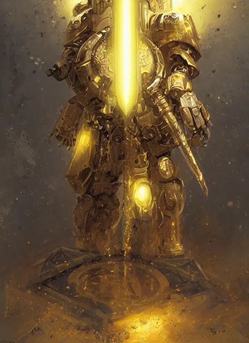 Image similar to dynamic portrait of a intricate glorious holy mechanical warforged character in yellow armor holding a paladin engraved great longsword and carrying a big paladin shield, spotlight from face , epic , trending on ArtStation, masterpiece, cinematic lighting, by Greg Rutkowski and by John Salminen and by Jackson Pollock and by Marc Simonetti