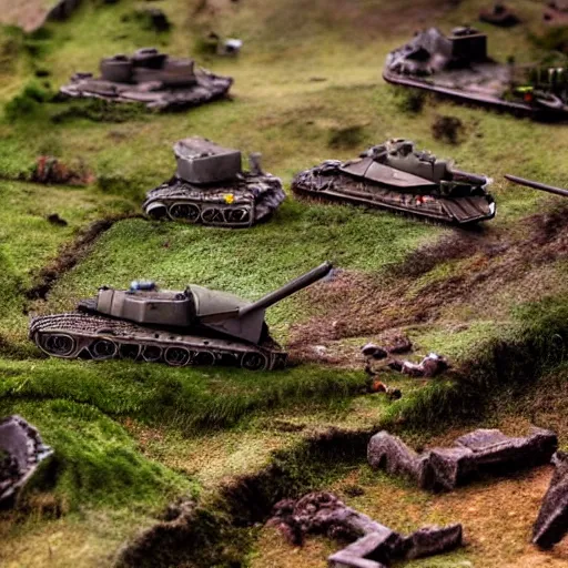 Prompt: photograph of a diorama of a battlefield, tanks and trenches, ruins, bokeh, macro photography