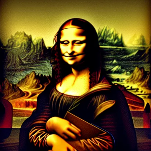 Image similar to highly realistic photo of mona lisa in the style of cyberpunk