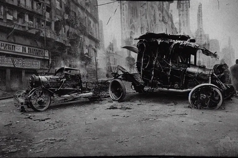 Prompt: cyberpunk 1 9 0 8 model ford t by paul lehr, jesper ejsing, metropolis, parked by view over city, vintage film photo, damaged photo, scratched photo, scanned in, old photobook, silent movie, black and white photo