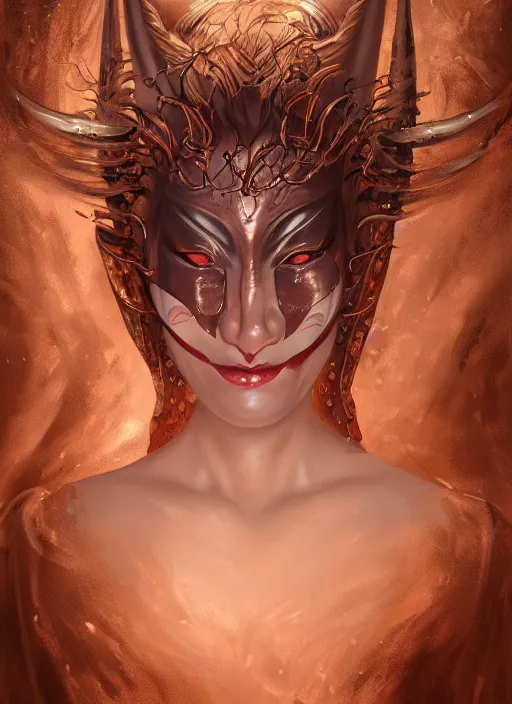 Image similar to a beautiful detailed oil on copper art illustration of a japanese namanari mask devil woman, the mask is broken, centered, by charlie bowater, zeng fanzh, trending on artstation, dim dusk lighting, cinematic lighting, detailed lighting, volumetric lighting, realistic, f 8, 4 k hd wallpaper