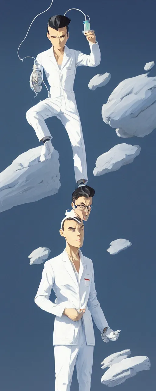 Prompt: tired and dissapointed emotionless butch young man scientist with short slicked - back hair, making an experiment - wearing white suit, wearing jetpack, digital art, rough paper, behance hd by jesper ejsing, by rhads, makoto shinkai and lois van baarle, ilya kuvshinov, rossdraws global illumination.