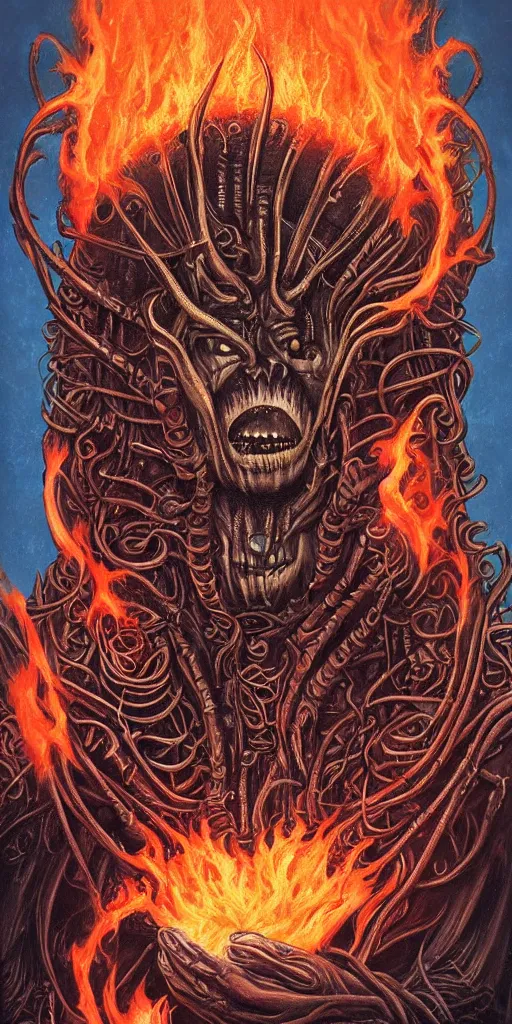 Prompt: giger doom demon portrait of a handsome satanic brown haired hippie with long hair and blue eyes, fire and flame, Pixar style, nightmare fuel, by Tristan Eaton Stanley Artgerm and Tom Bagshaw.