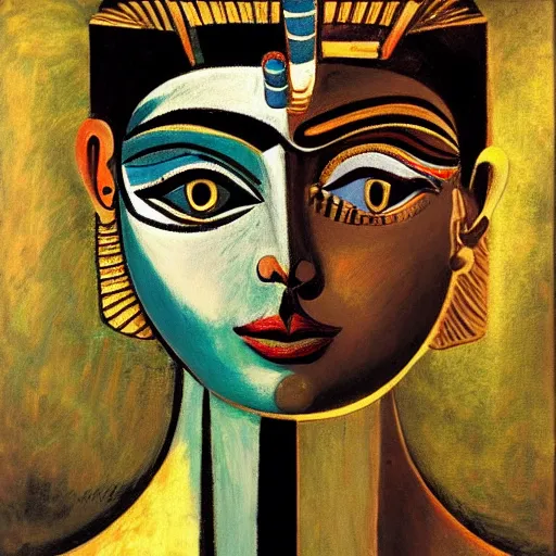 Prompt: Intricate five star Egyptian Goddess facial portrait by Pablo Picasso, oil on canvas,high detail, matte finish, high contrast, 3d depth, masterpiece, vivid colors, artstationhd