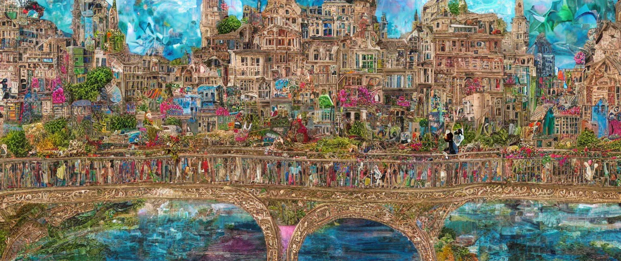 Prompt: a highly focused building along a river, seen from the long distance. people walking on a bridge. maximalist hyperdetailed mixed media collage, baroque embroidery rich fabric textures. childrenbook illustration in vibrant pastel tones. matte background. sharp focus, high resolution HD 8x