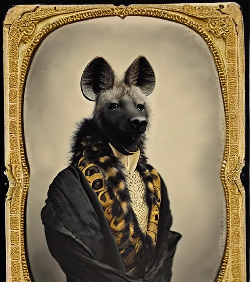 Prompt: professional studio photo portrait of anthro anthropomorphic spotted hyena head animal person fursona smug smiling wearing elaborate pompous royal king robes clothes wallet frame by Louis Daguerre daguerreotype tintype