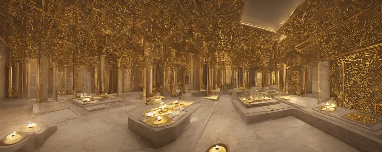 Prompt: photo of a cinematic interior of a triple height hyper luxury spa with everything made of gold, candles, windows with view to desert mountains and river, beige stone marble floor with reflection, small wellness relaxation pool, intricate hieroglyph detailed roof, contemporary design, fractal sacred geometry, 8 k, hyperrealistic, photorealism,