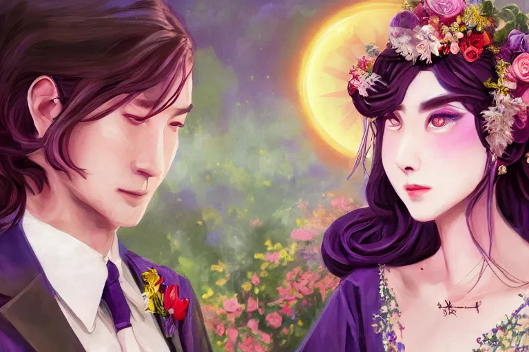 Image similar to a cinematic portrait of wedding photograph jpeg close up moment of a divine a japan sun god and moon goddess lovers magician at a wedding banquet. portraiture. digital painting. artstation. concept art. wedding photo. digital painting. violet evergarden art masterpiece by art by krenz cushart