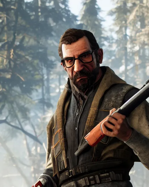 Image similar to gordon freeman by red dead redemption 2, by greg rutowski, cinematic, photorealistic