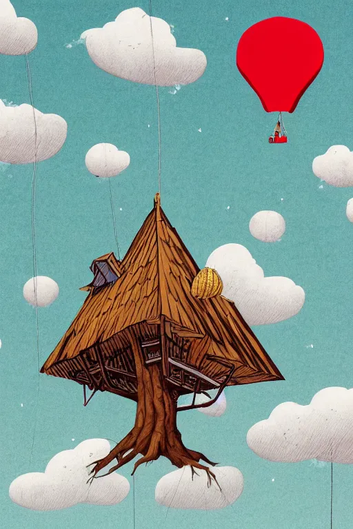 Prompt: a detailed illustration of a two storied wooden cabin floating on three giant fabric balloons through the clouds, an old tree is growing through its roof