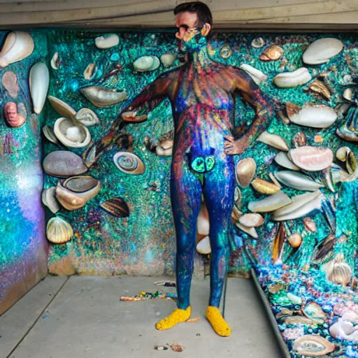 Image similar to a human standing in his garage, covered with iridescent bodypaint, shells and barnacles