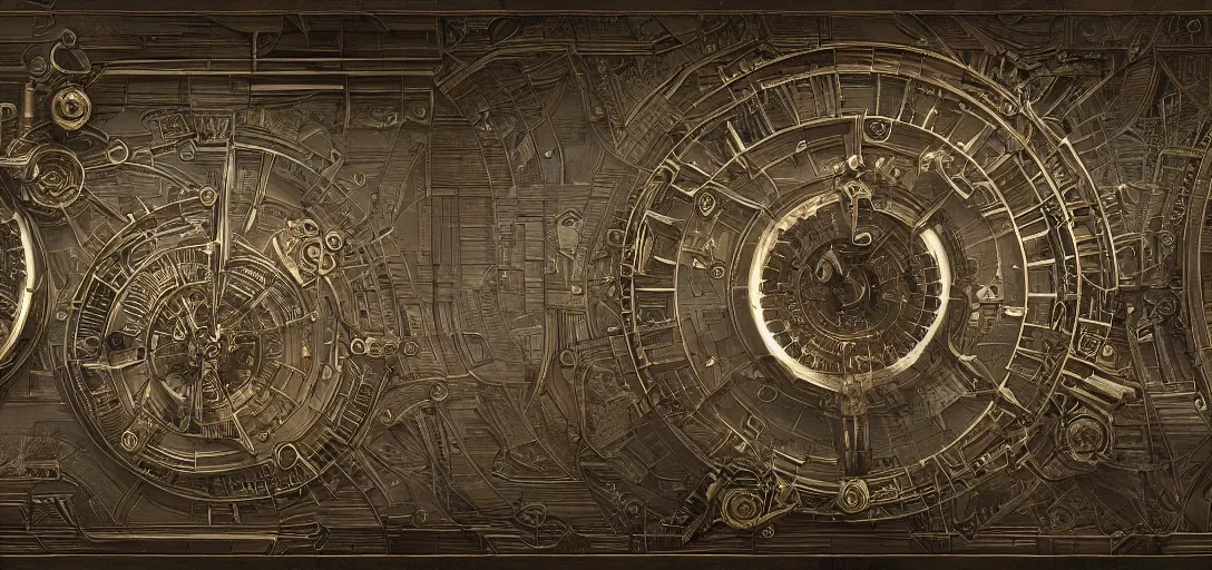 Image similar to symmetrical steampunk blueprint of a Perpetuum mobile, marginalia, symmetry, intricate Details, raphael lacoste, eddie mendoza, alex ross, concept art, matte painting, highly detailed, rule of thirds, dynamic lighting, cinematic, detailed, denoised, centerd, clean render