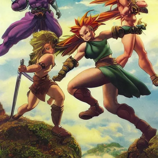 Image similar to crono stands atop a mountain of slain enemies as scantily clad babes marle and ayla clutch his legs, epic reimagining of chrono trigger by frank frazetta and boris vallejo