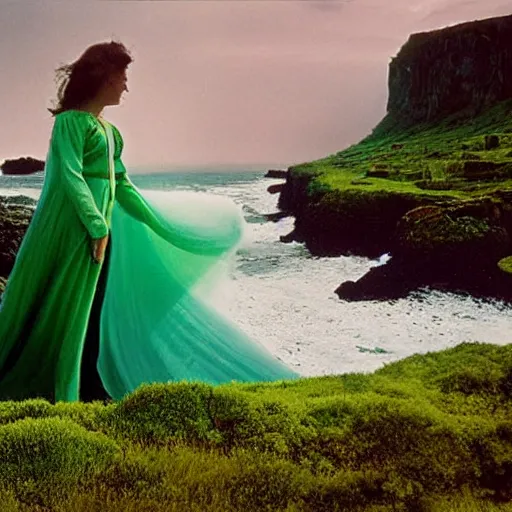 Image similar to 1 9 7 0's artistic italian western film in color, a woman in a giant billowy wide flowing waving dress made out of sea foam, standing inside a green mossy irish rocky scenic landscape, crashing waves and sea foam, volumetric lighting, backlit, moody, atmospheric