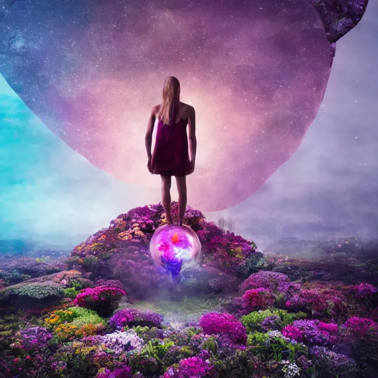 Image similar to a planet of various flowers, fungus and plants, in which the singular human figure is dressed in something magical and impressive, inside the picture is infinity, sunset light, Atmospheric phenomenon, artistic photography, muted colors, conceptual, long exposure outside the city, volumetric light