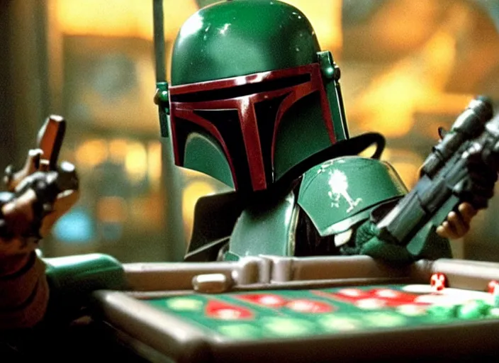 Image similar to film still of Boba Fett gambling in vegas in Star Wars The Empire Strikes Back,