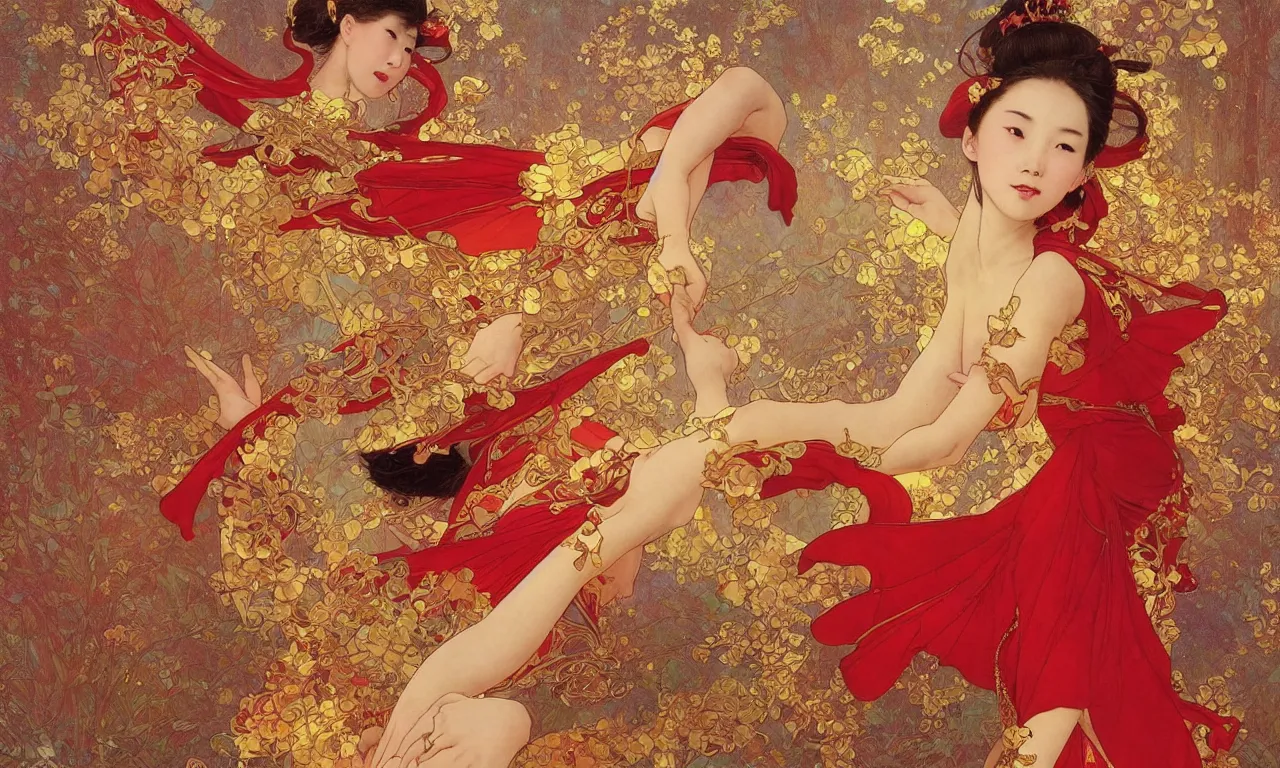 Image similar to chinese princess, dance, fairy, beautiful, stunning, red and gold dress, spinning in the sky, by stanley artgerm lau, greg rutkowski, victo ngai, alphonse mucha, loish, norman rockwell