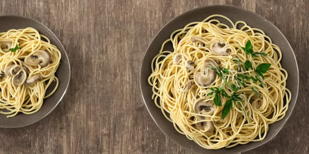 Image similar to spaghetti trees, in a field of mushroom cream sauce