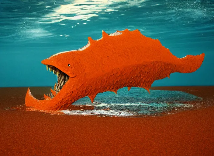 Image similar to an aquatic monster comes out of the sea to die on the orange sand by hagan robert