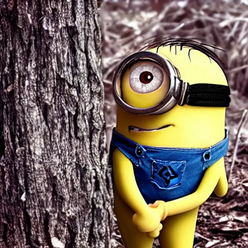 Prompt: a still of a minion in the blair witch project, hyper realistic