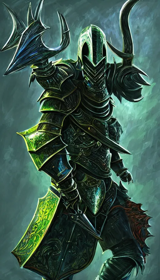 Prompt: videogame card painting of an elegant dark - green steel - plate armor artstation, rpg, digital art, vibrant & colorful background, dark souls, runescape, skyrim, final - fantasy, diablo - 3