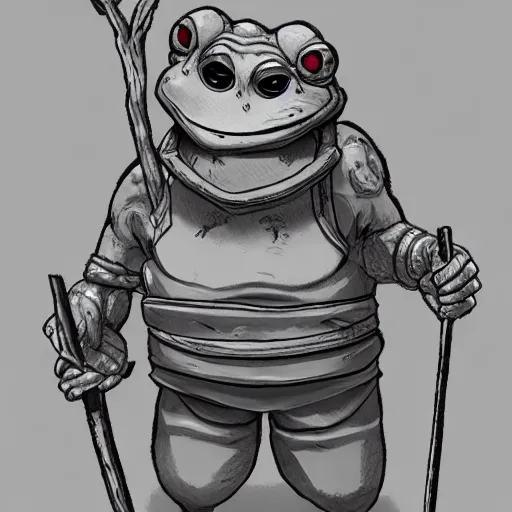 Image similar to A oldman frog holding himself with a staff. Artstation, Hiroaki Tsutsumi style