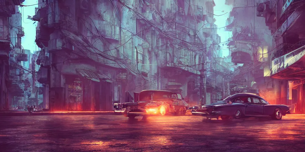 Prompt: La Habana, year 2049, cyberpunk, extremely realistic, highly detailed, concept art, trending on artstation, depth of field, moment cinebloom filter, cinematic color, ultra wide