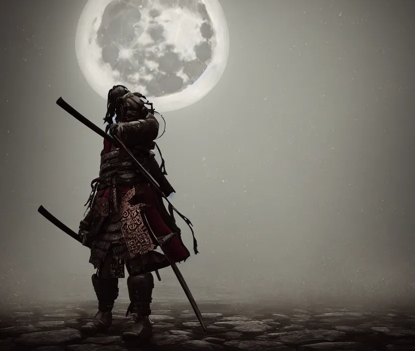 Image similar to 'a samurai! haunted by souls and ghosts with a big full moon on background , gloomy and foggy atmosphere, octane render, artstation trending, highly detailded'