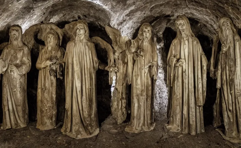 Image similar to several decrepit creepy statues of the archangel gabriel looking at the camera, placed throughout a dark claustrophobic old catacomb cavern, realistic, underexposed photography, bad camera footage, wide shot, sinister, bad lighting, foreboding, grainy photo