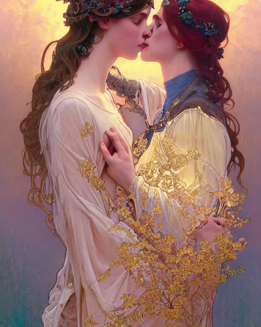 Image similar to the kiss | highly detailed | very intricate | art nouveau | gold filigree | romantic storybook fantasy | soft cinematic lighting | award - winning | painted by mandy jurgens and alphonse mucha and alena aenami | pastel color palette | featured on artstation