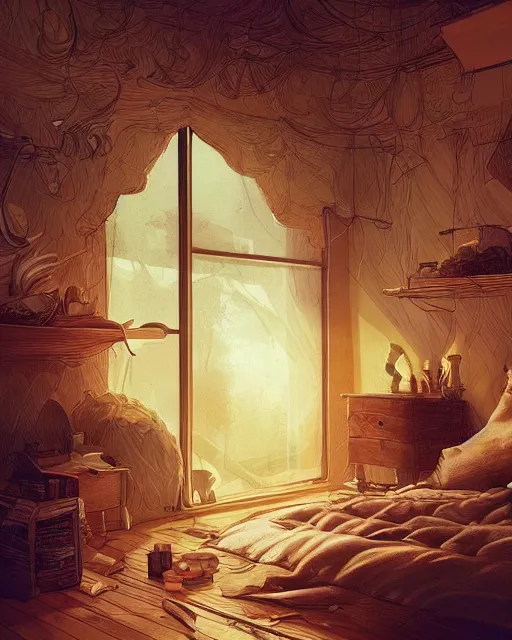 Image similar to beautiful painting of a elven bedroom, art by mike winkelmann, golden hour, illustration, highly detailed, simple, smooth and clean vector curves, no jagged lines, vector art, smooth, artstation