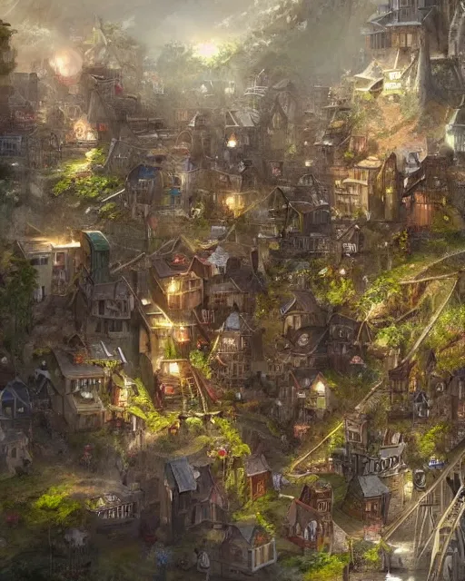 Image similar to a tiny miniscule town living on the thread of a spiders web, fantasy concept art, trending on art station, stunning visuals, creative, cinematic, ultra detailed