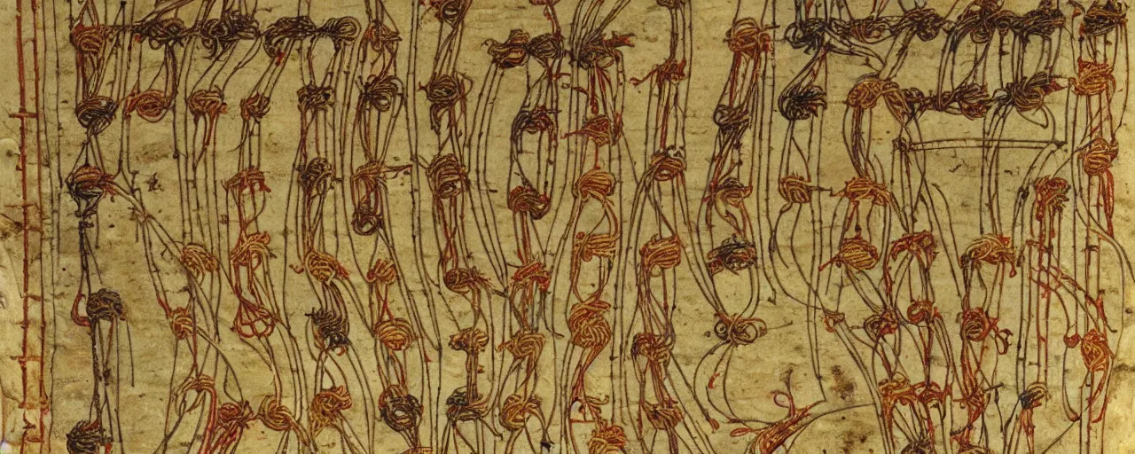 Ancient manuscripts detailing spaghetti in the style stable