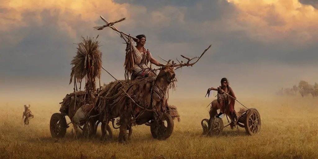 Image similar to photorealistic photo of an ancient indian tribesman on ancient makeshift atv with big wooden puffy wheels, hunting buffalo herd ,attacking, chase, action scene, an epic fantasy, dramatic lighting, cinematic, establishing shot, extremely high detail, photorealistic, cinematic lighting, artstation, octane render, by simon stalenhag, horizon forbidden west,old photo, high speed photography, vintage,