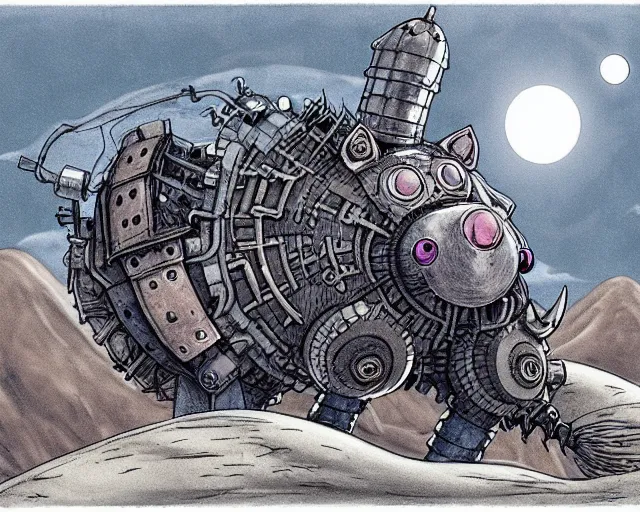 Image similar to a mechanical drawing of a grey lovecraftian mechanized wolf from howl's moving castle ( 2 0 0 4 ), with a big head, in a war - torn desert village, wide shot, in front of a big moon, muted colors, post grunge, studio ghibli, hq, art by artgem