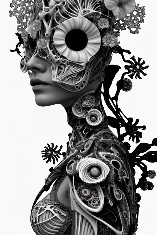 Prompt: black and white 3 d render, biomechanical female cyborg with a porcelain translucent profile face and a big floral eyes, analog, big leaves foliage and stems, morning glory flowers, hibiscus flowers, boho floral vines, sinuous fine roots, fine filigree foliage lace, alexander mcqueen, earring, art nouveau fashion embroidered, steampunk, mandelbrot fractal