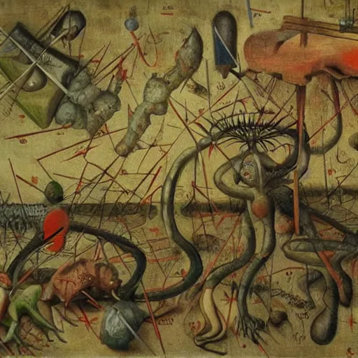 Image similar to mathematical equations painted by bosch, creatures crawling on equations, oil paint, hyperrealistic, surreal, collection of louvre