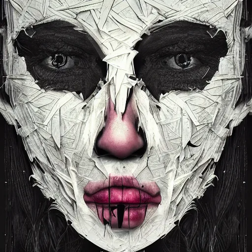 Image similar to face shredded like paper as skin peeling, dark, surreal, illustration, by ally burke