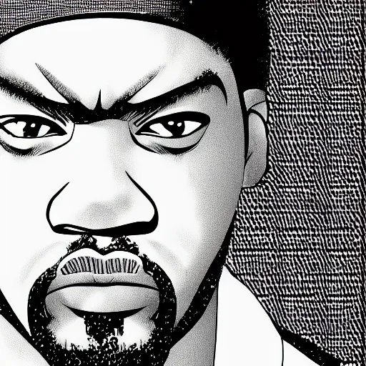 Prompt: manga panel of ice cube ( from nwa ) in the style of kentaro miura, 8 k, 4 k, masterpiece, trending on artstation